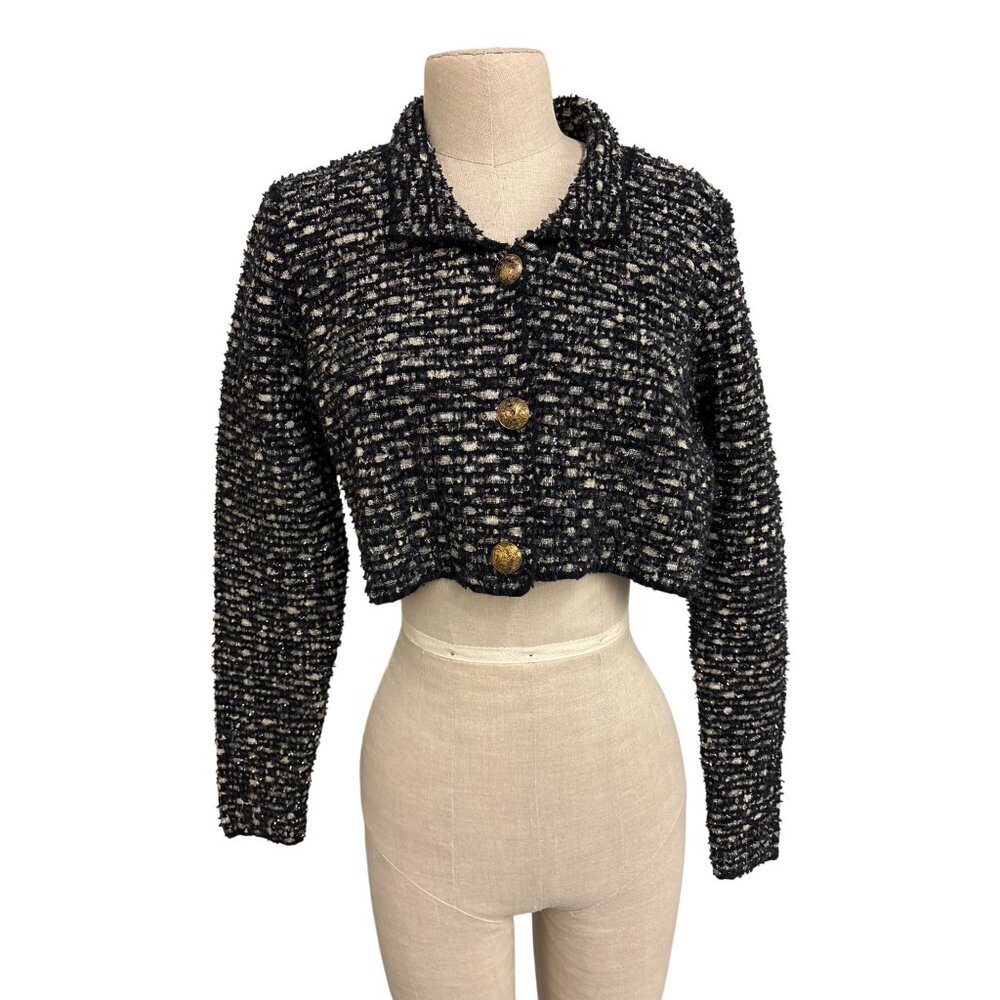 Urban Revivo Womens Cropped Bouclé Jacket XL Black & White Tweed Made In China